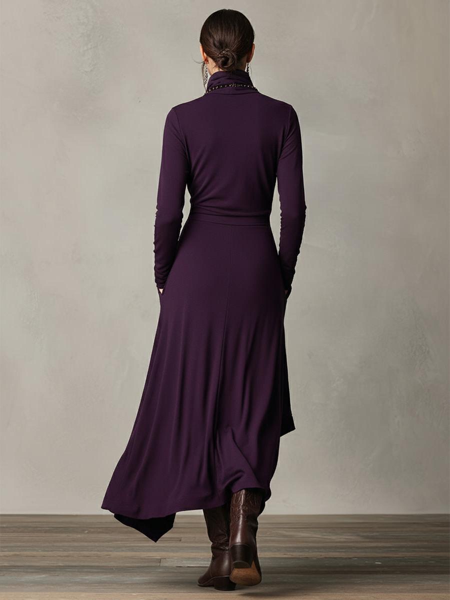 Purple Cotton Stretch Turtleneck Maxi Dress - Women's Bohemian Asymmetrical Style