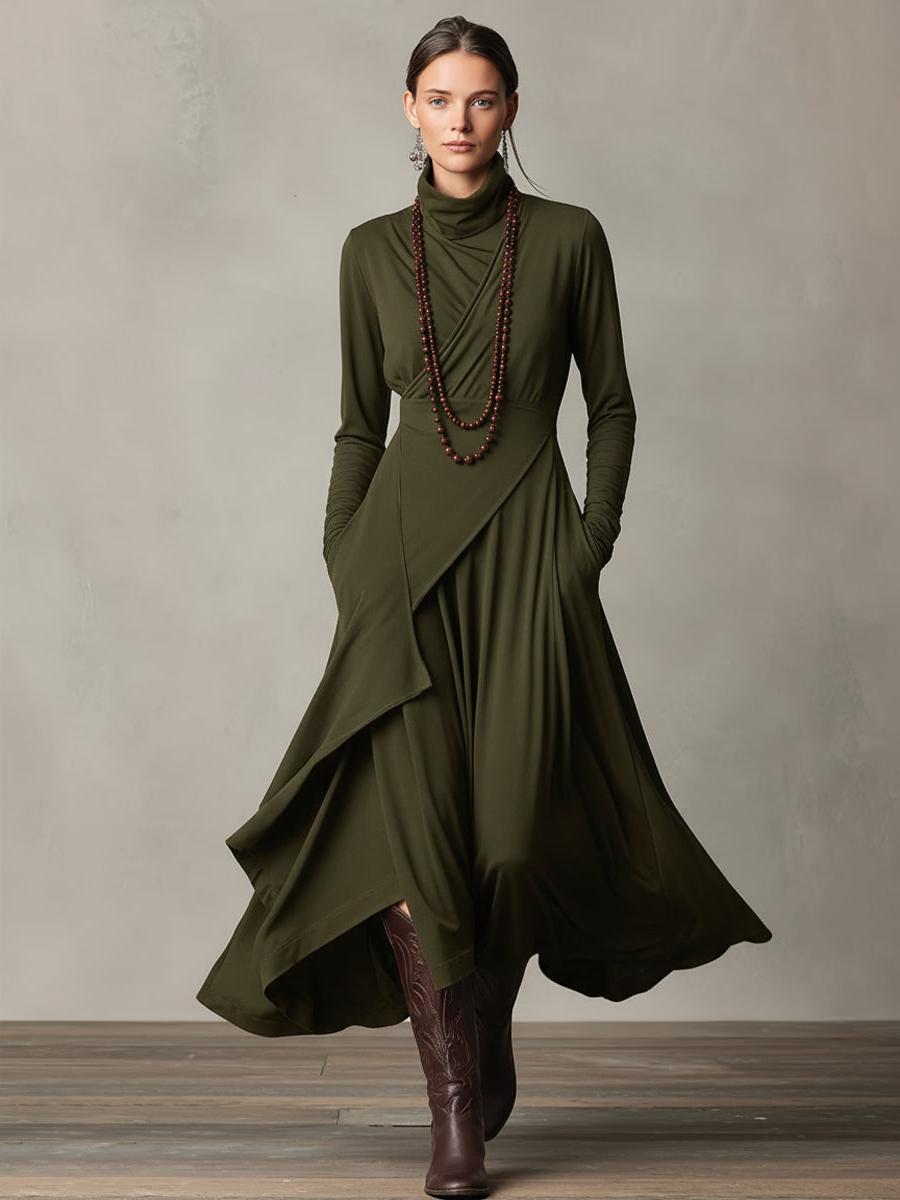 Purple Cotton Stretch Turtleneck Maxi Dress - Women's Bohemian Asymmetrical Style