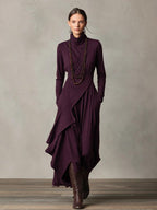 Purple Cotton Stretch Turtleneck Maxi Dress - Women's Bohemian Asymmetrical Style
