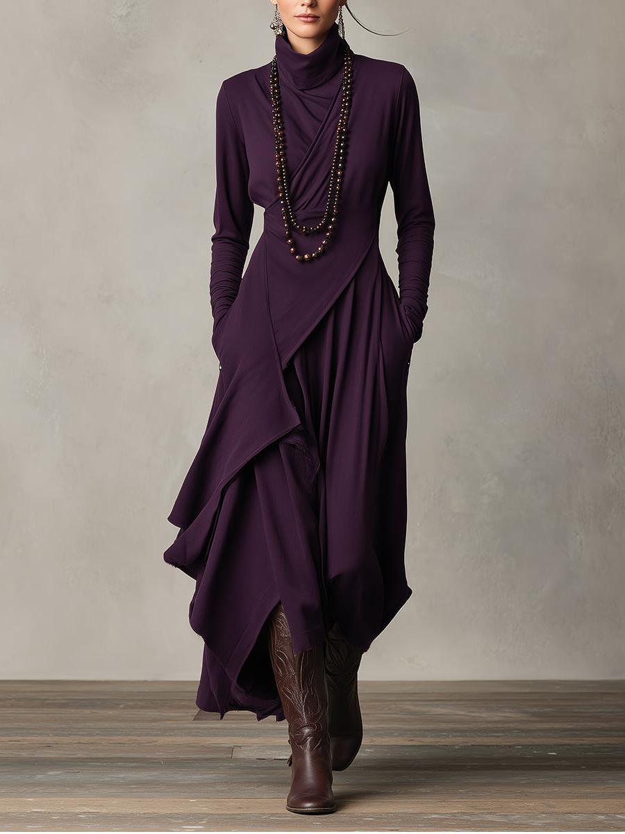 Purple Cotton Stretch Turtleneck Maxi Dress - Women's Bohemian Asymmetrical Style