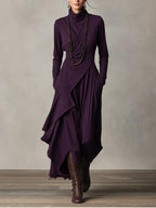 Purple Cotton Stretch Turtleneck Maxi Dress - Women's Bohemian Asymmetrical Style