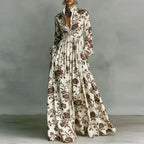Retro High Waist Pleated Maxi Dress with Pockets - Long Sleeve Boho Spring Dress