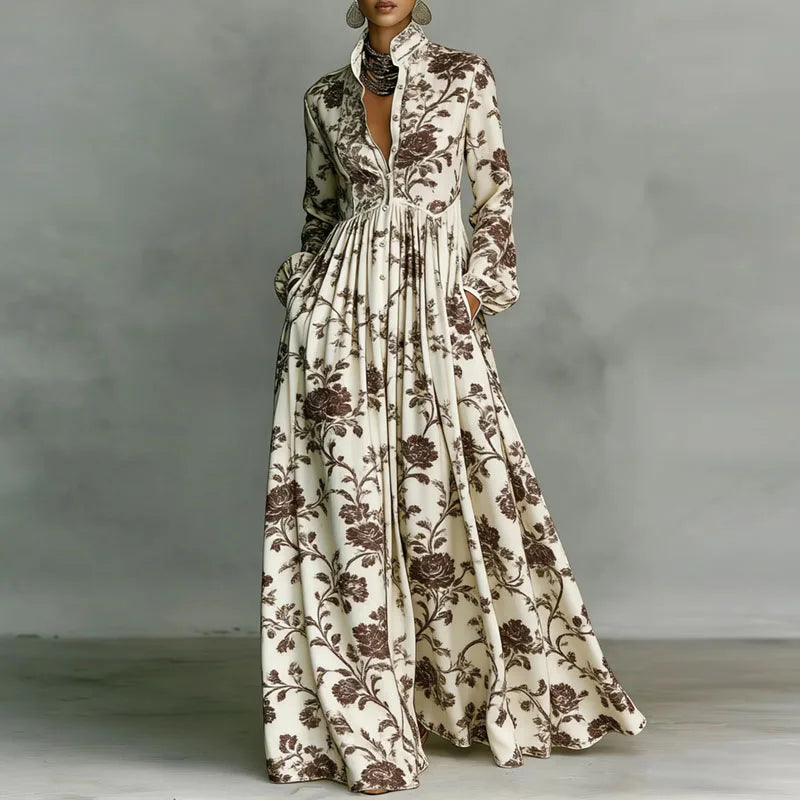 Retro High Waist Pleated Maxi Dress with Pockets - Long Sleeve Boho Spring Dress