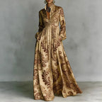 Retro High Waist Pleated Maxi Dress with Pockets - Long Sleeve Boho Spring Dress