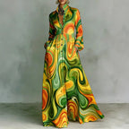 Retro High Waist Pleated Maxi Dress with Pockets - Long Sleeve Boho Spring Dress