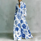 Retro High Waist Pleated Maxi Dress with Pockets - Long Sleeve Boho Spring Dress