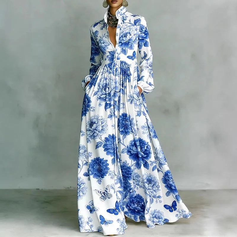 Retro High Waist Pleated Maxi Dress with Pockets - Long Sleeve Boho Spring Dress