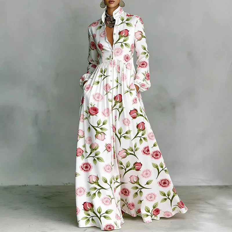 Retro High Waist Pleated Maxi Dress with Pockets - Long Sleeve Boho Spring Dress