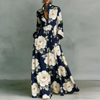 Retro High Waist Pleated Maxi Dress with Pockets - Long Sleeve Boho Spring Dress
