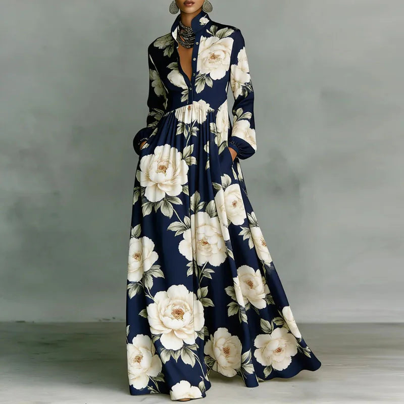 Retro High Waist Pleated Maxi Dress with Pockets - Long Sleeve Boho Spring Dress