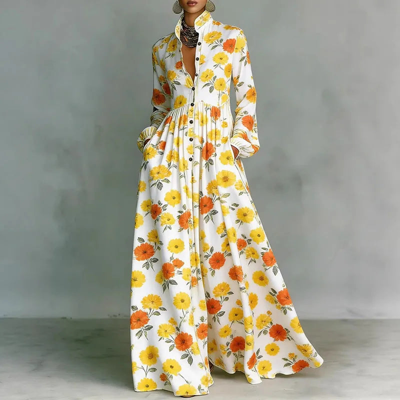 Retro High Waist Pleated Maxi Dress with Pockets - Long Sleeve Boho Spring Dress