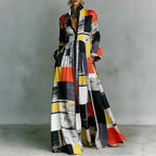 Retro High Waist Pleated Maxi Dress with Pockets - Long Sleeve Boho Spring Dress