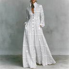 Retro High Waist Pleated Maxi Dress with Pockets - Long Sleeve Boho Spring Dress