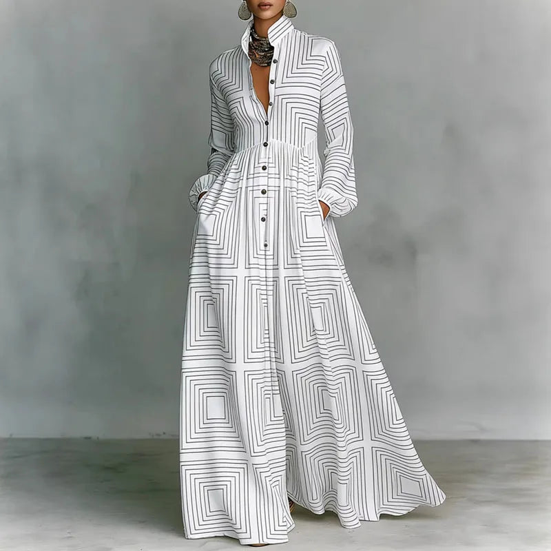 Retro High Waist Pleated Maxi Dress with Pockets - Long Sleeve Boho Spring Dress