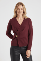 Ribbed Knit Wrap Sweater Top for Women with Asymmetrical Hem Red