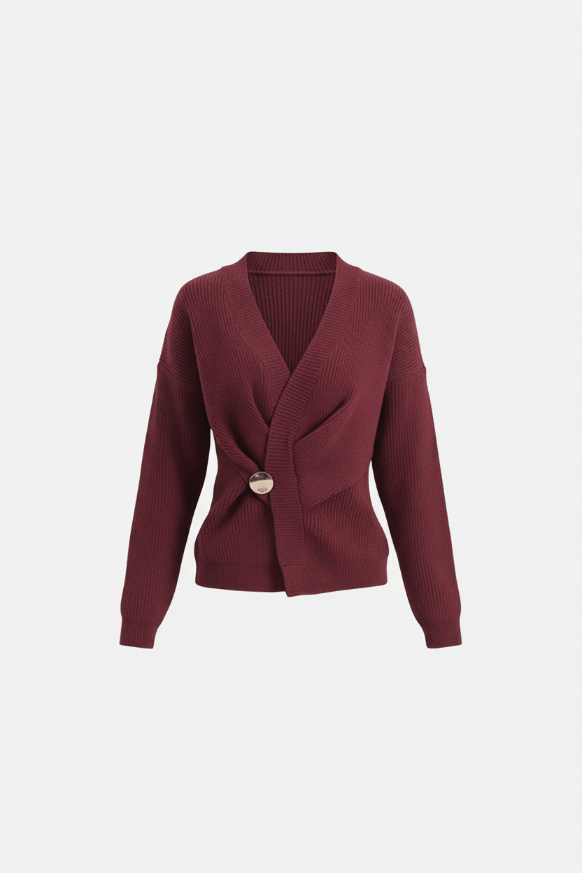 Ribbed Knit Wrap Sweater Top for Women with Asymmetrical Hem