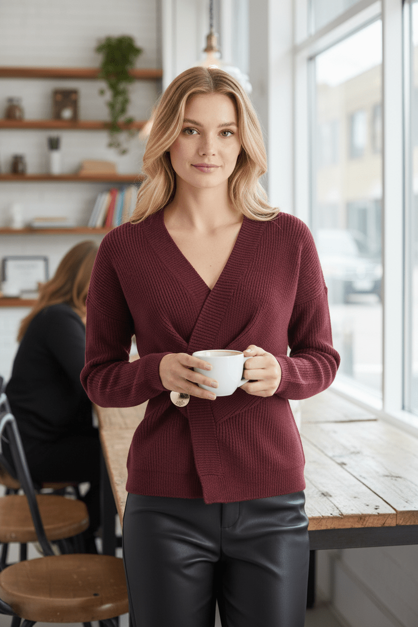 Ribbed Knit Wrap Sweater Top for Women with Asymmetrical Hem