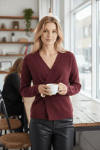 Ribbed Knit Wrap Sweater Top for Women with Asymmetrical Hem