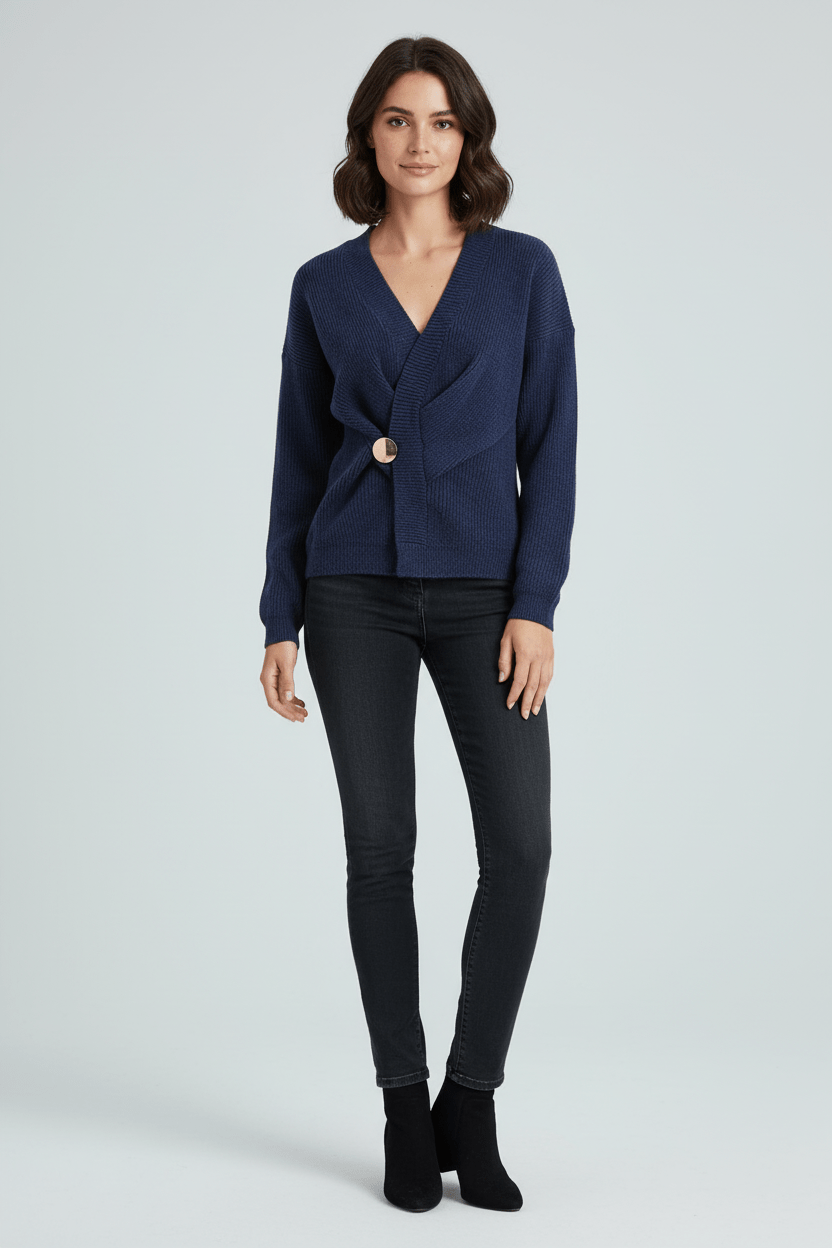 Ribbed Knit Wrap Sweater Top for Women with Asymmetrical Hem Navy