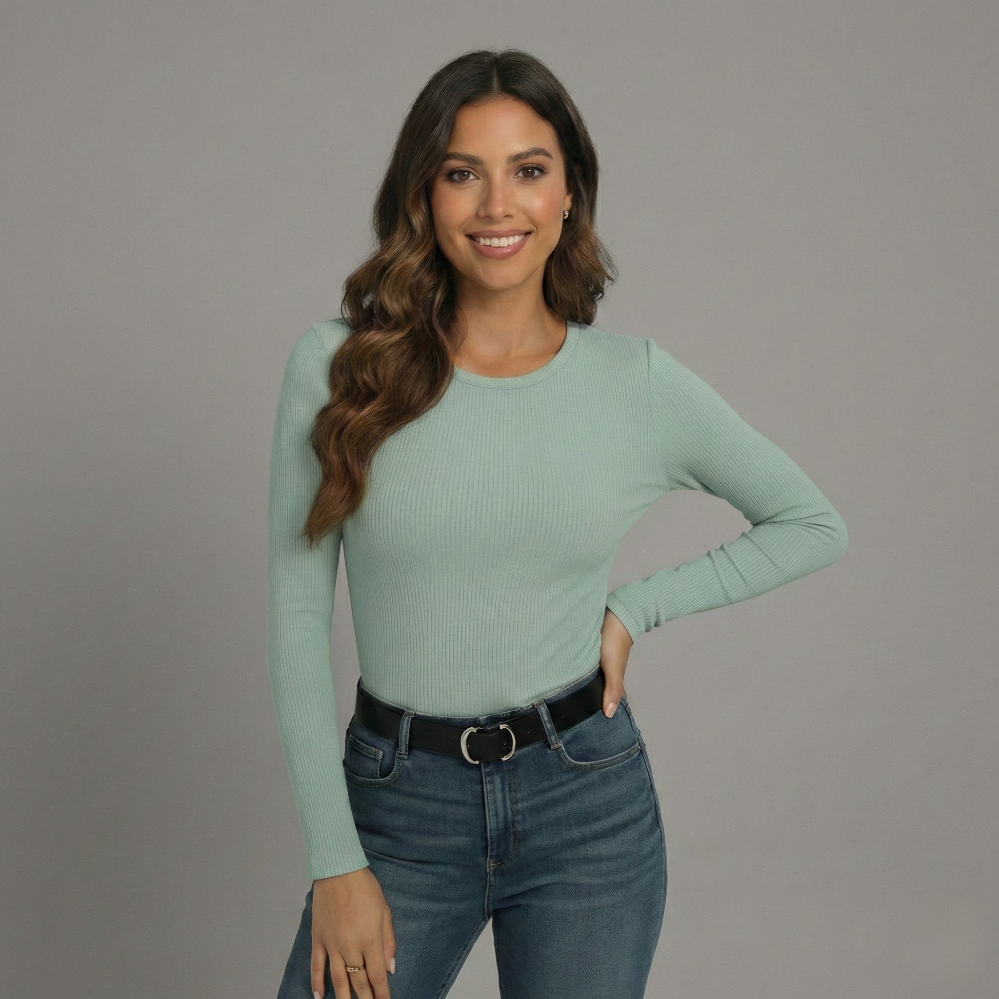 Ribbed Long Sleeve Crew Neck Top for Women - Casual Everyday Wear