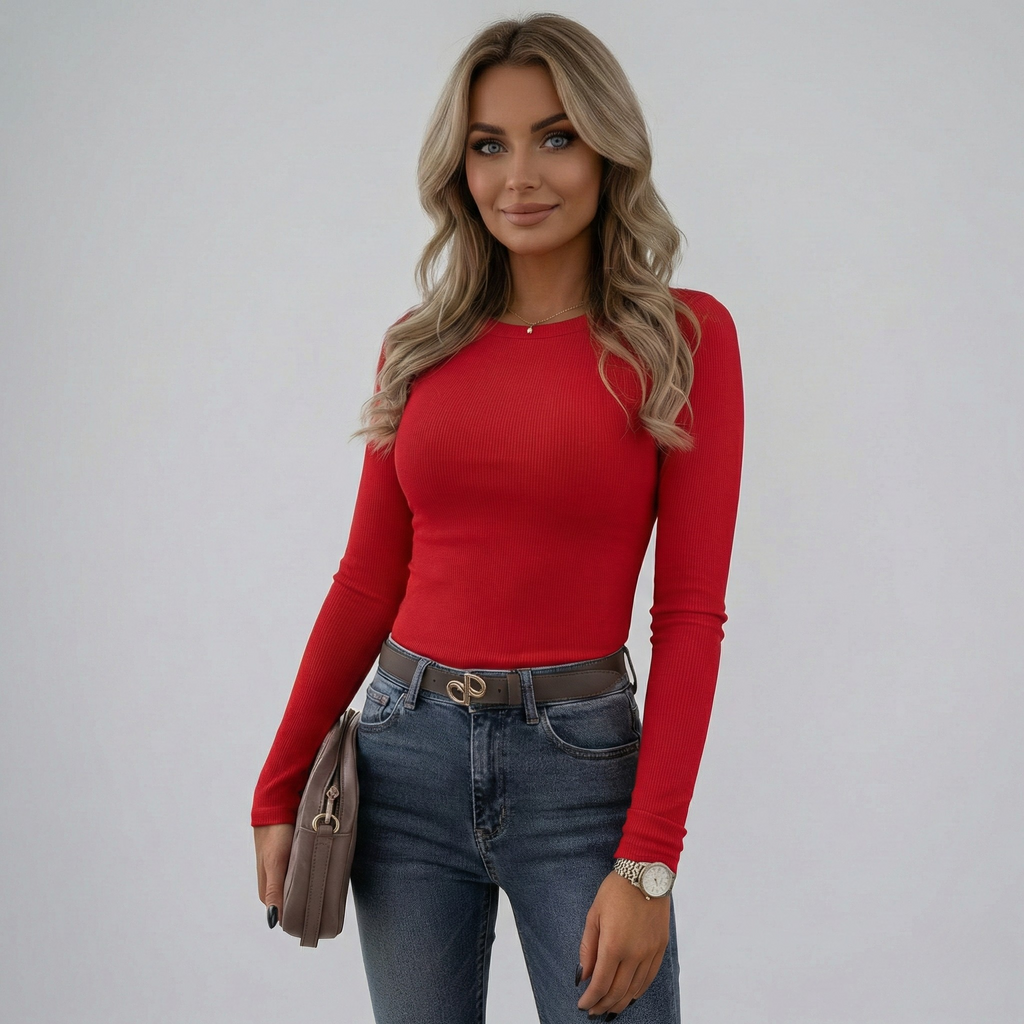 Ribbed Long Sleeve Crew Neck Top for Women - Casual Everyday Wear