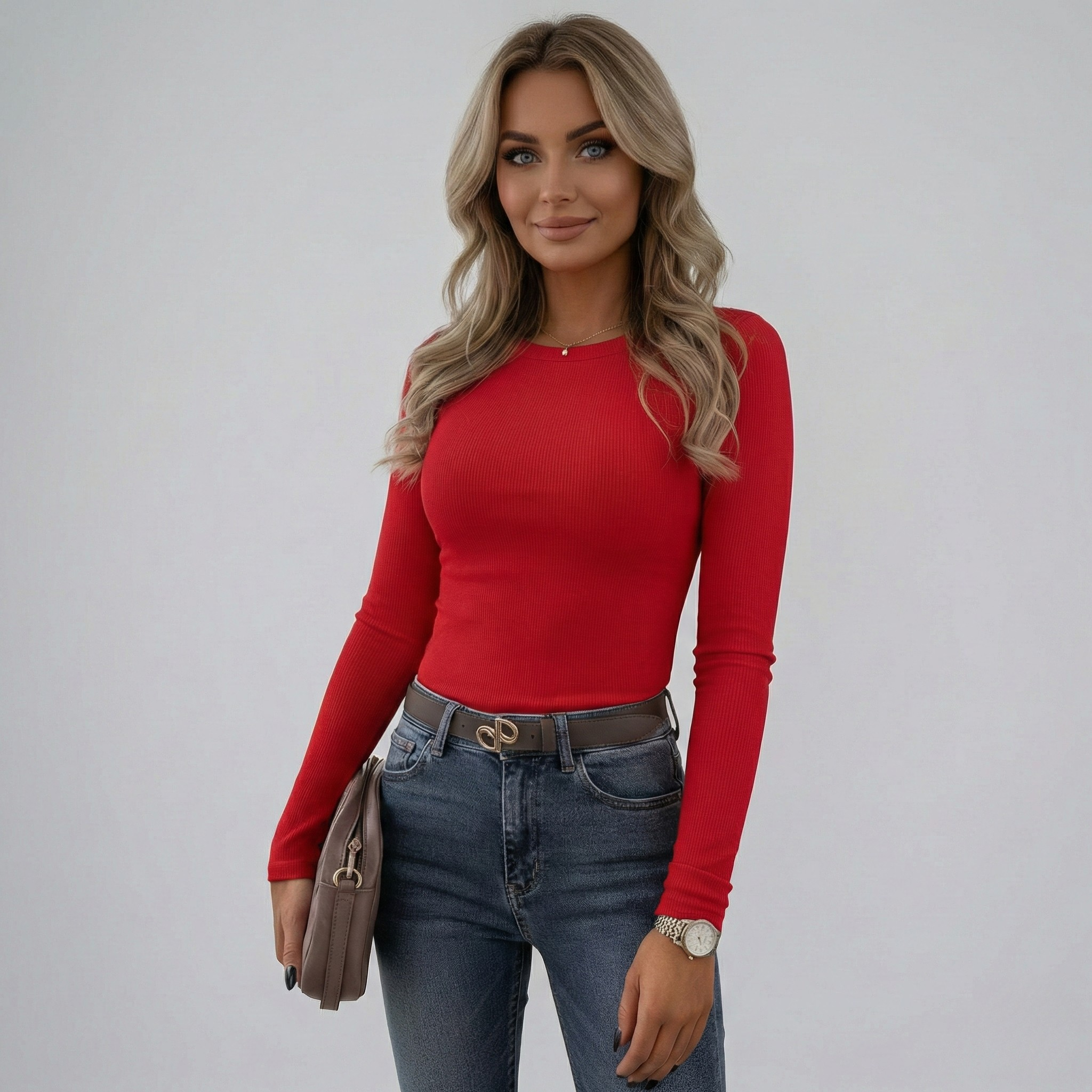Ribbed Long Sleeve Crew Neck Top for Women - Casual Everyday Wear