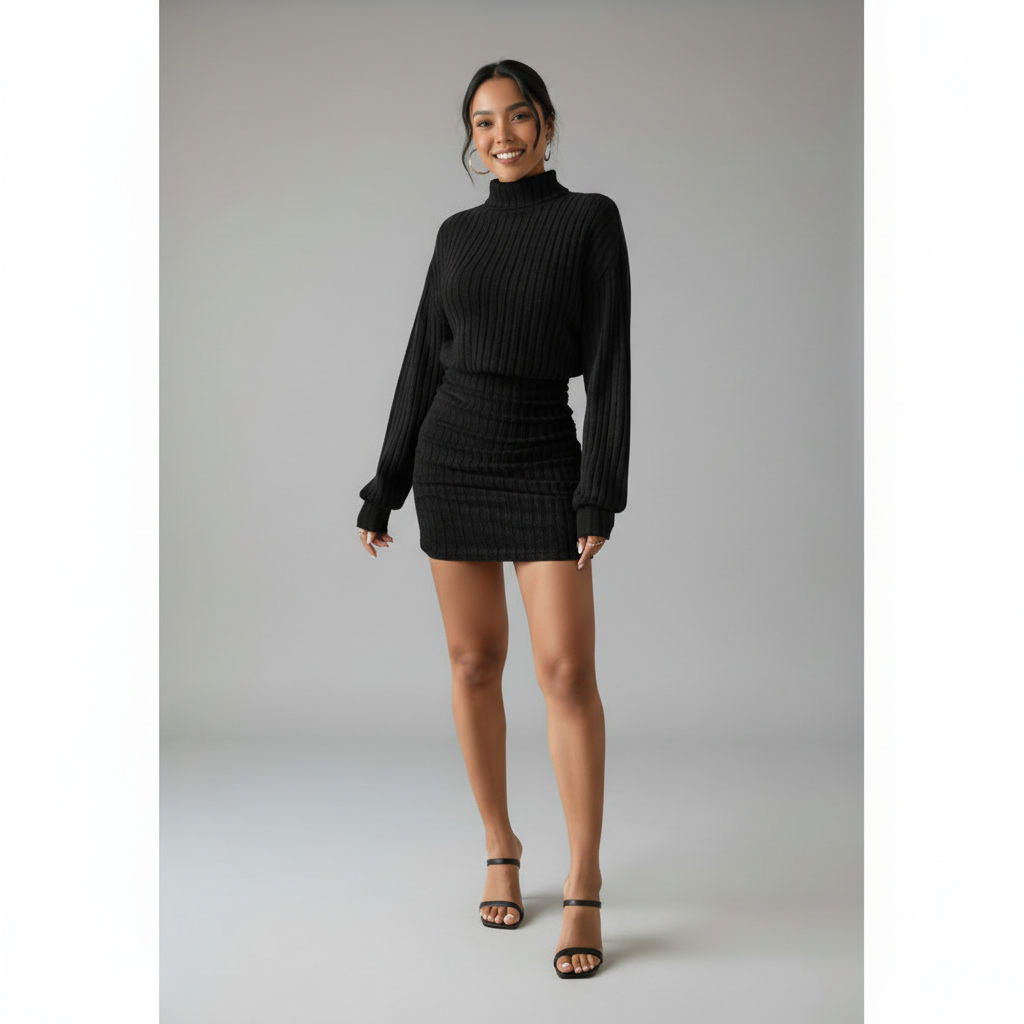 Ribbed Turtleneck Long Sleeve Dress in Soft Knit Fabric for Casual or Office Wear