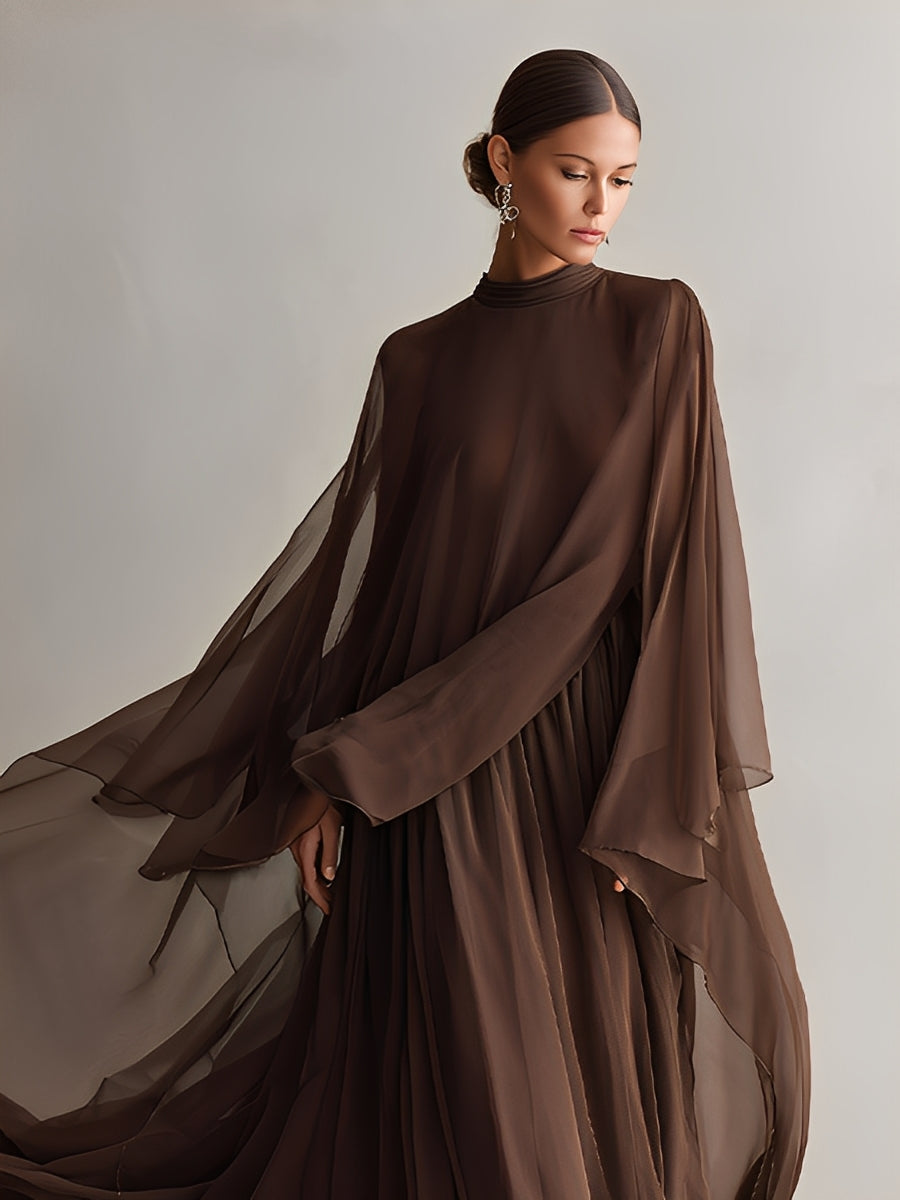 Rich Brown Chiffon Maxi Dress with Cape Design for Elegant Occasions