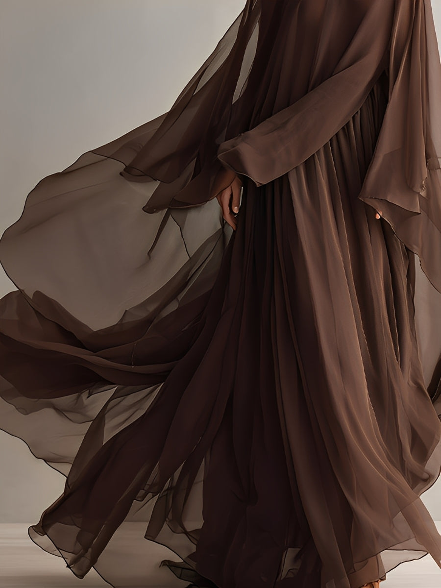 Rich Brown Chiffon Maxi Dress with Cape Design for Elegant Occasions