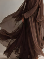 Rich Brown Chiffon Maxi Dress with Cape Design for Elegant Occasions