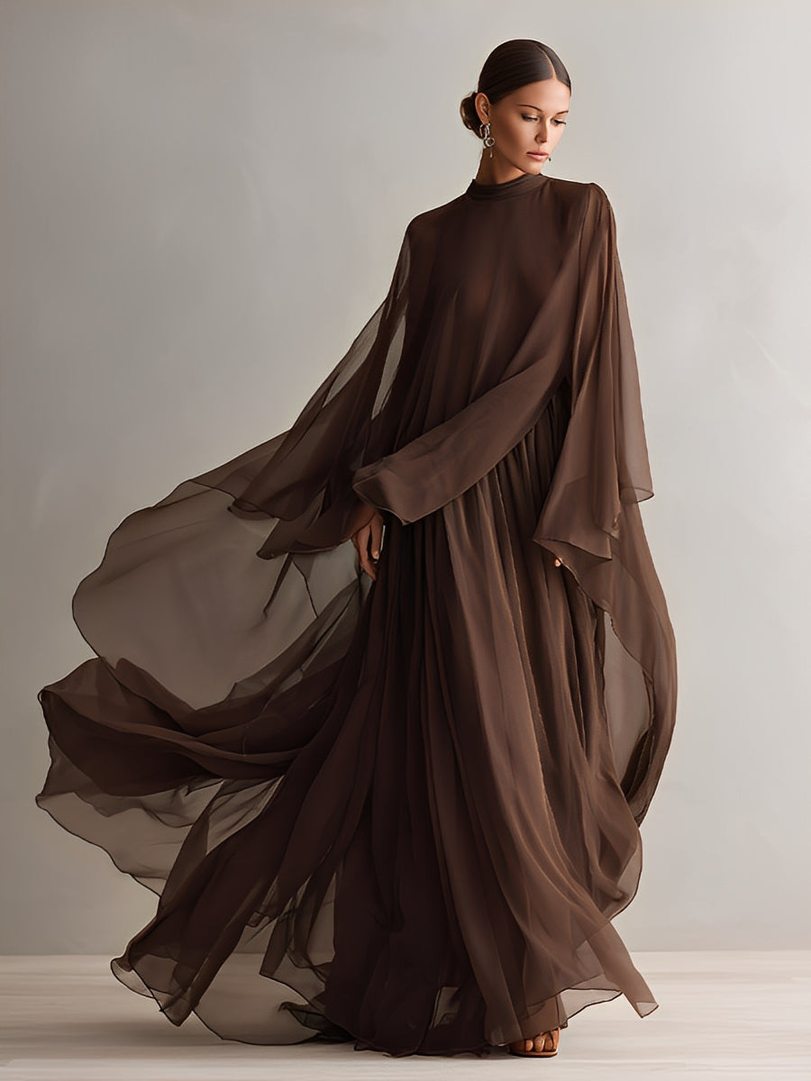 Rich Brown Chiffon Maxi Dress with Cape Design for Elegant Occasions