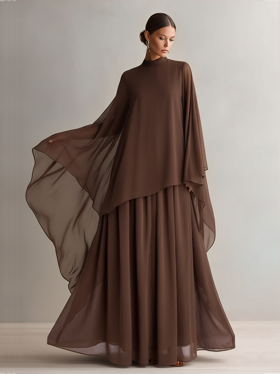 Rich Brown Chiffon Maxi Dress with Cape Design for Elegant Occasions
