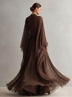 Rich Brown Chiffon Maxi Dress with Cape Design for Elegant Occasions