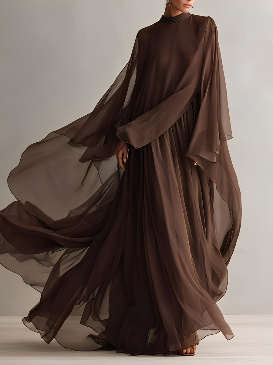 Rich Brown Chiffon Maxi Dress with Cape Design for Elegant Occasions