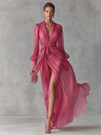 Rose Pink Chiffon V-Neck Long Dress with Tie-Waist for Women