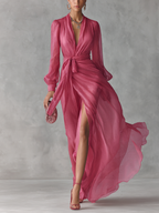 Rose Pink Chiffon V-Neck Long Dress with Tie-Waist for Women