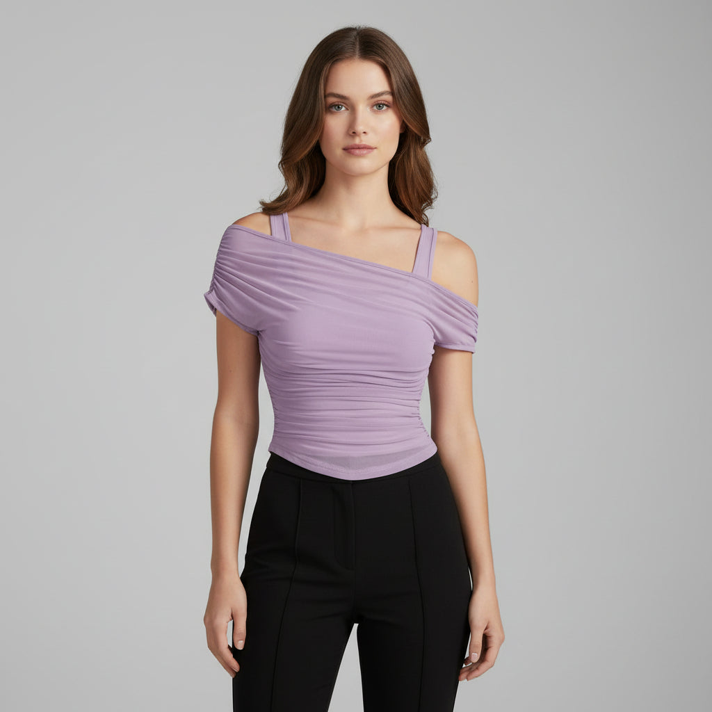 Ruched Mesh Crop Top for Women - Stylish Casual Wear for Summer