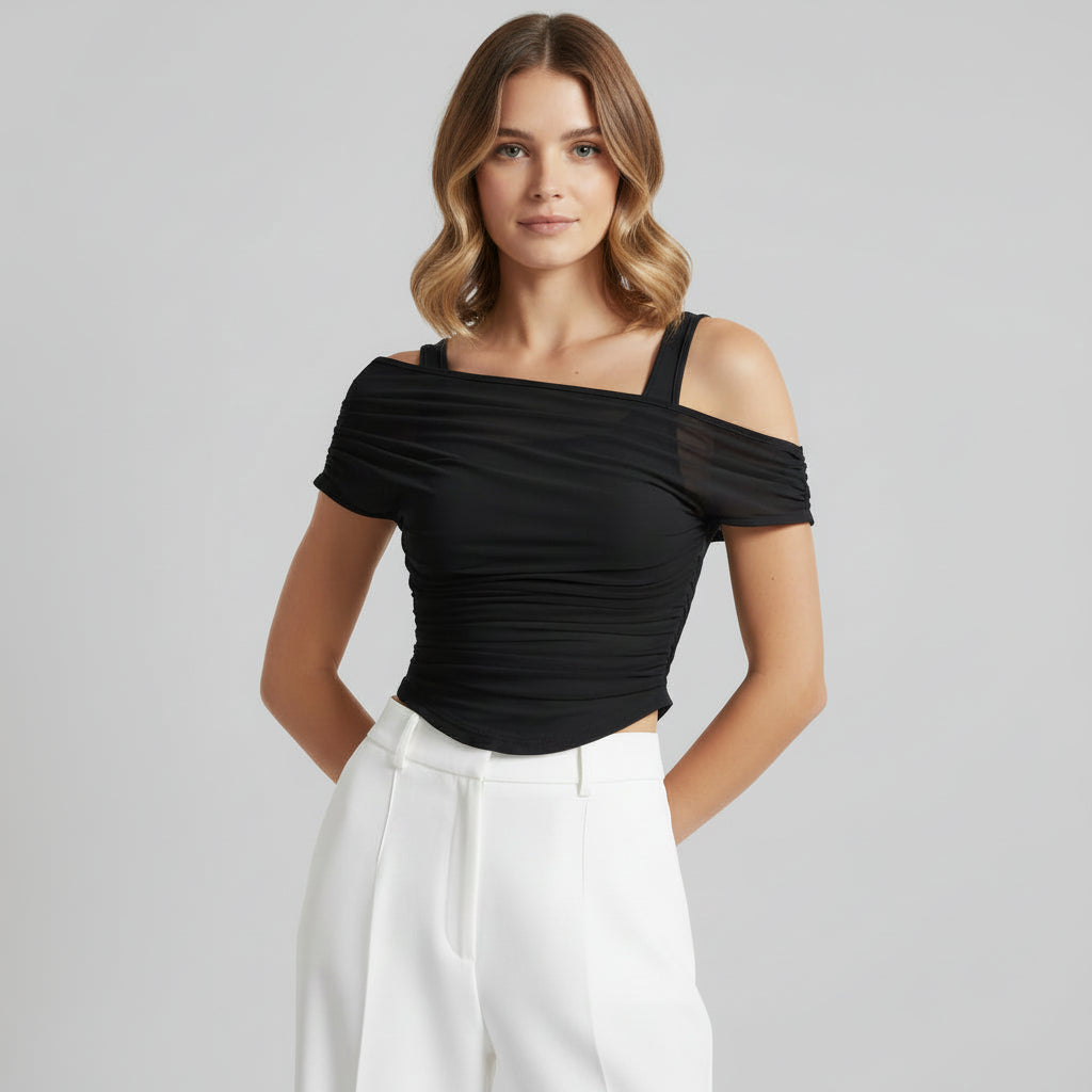 Ruched Mesh Crop Top for Women - Stylish Casual Wear for Summer