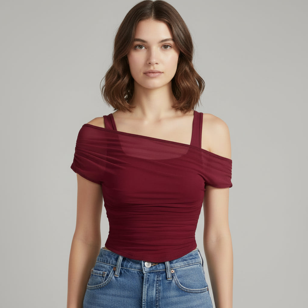 Ruched Mesh Crop Top for Women - Stylish Casual Wear for Summer