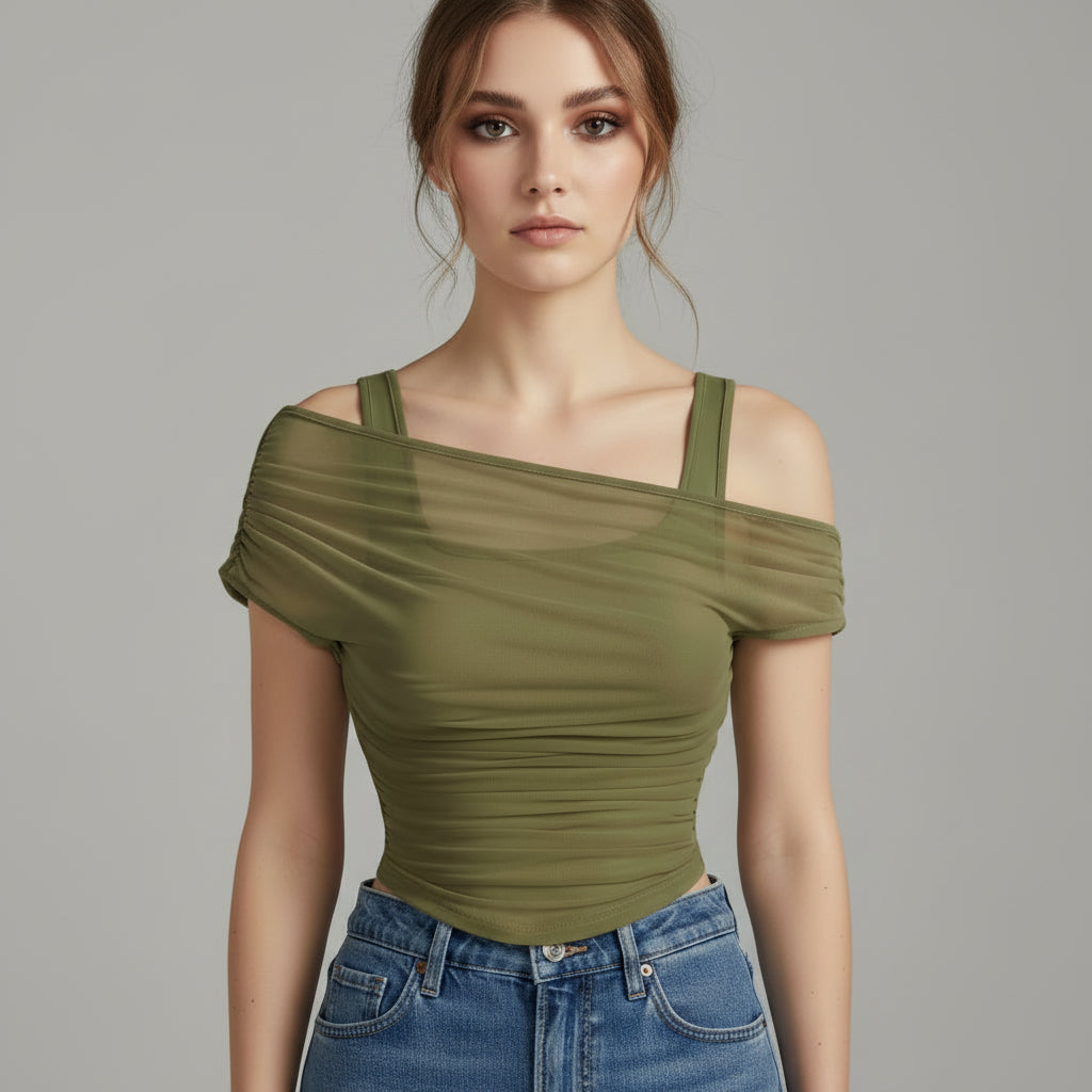 Ruched Mesh Crop Top for Women - Stylish Casual Wear for Summer