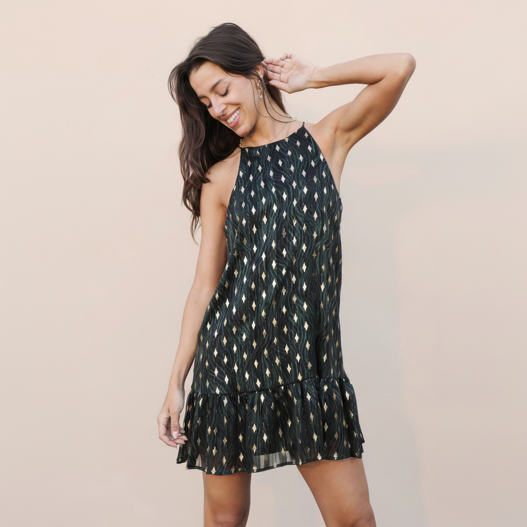 Ruffle Halter Dress in Lightweight Fabric for Summer Events and Casual Outings