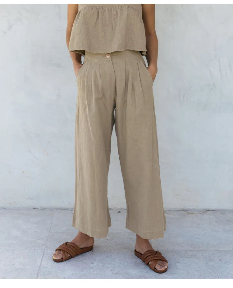 Pleated Linen Culotte Pants for Women - Lightweight, Casual Summer Trousers