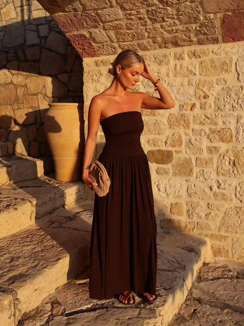 Brown Strapless Pleated Maxi Dress for Women UK – Garden Party & Summer Occasion Wear