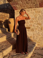Brown Strapless Pleated Maxi Dress for Women UK – Garden Party & Summer Occasion Wear