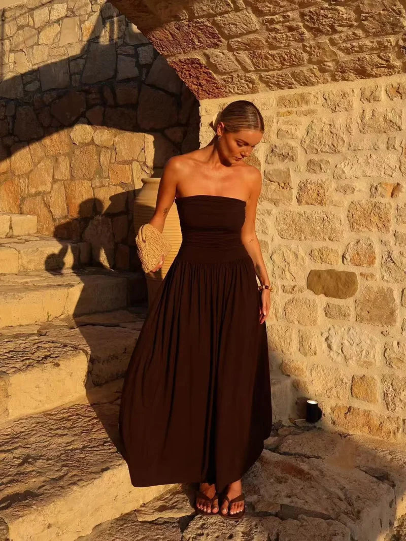 Brown Strapless Pleated Maxi Dress for Women UK – Garden Party & Summer Occasion Wear