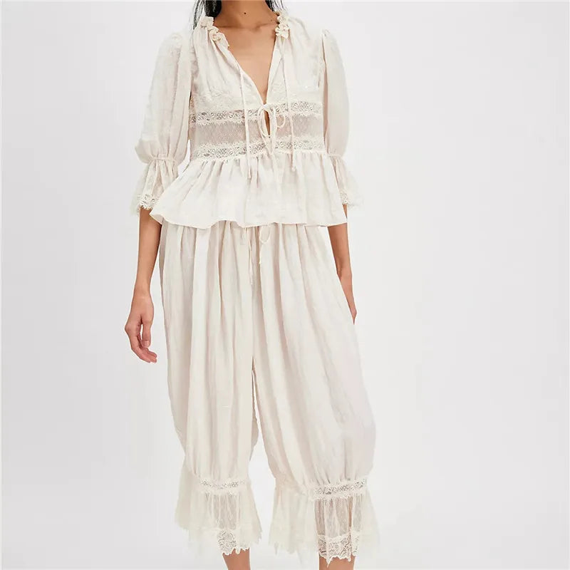 Sage Lace Ruffle Two-Piece Set for Women - Elegant Summer Outfit