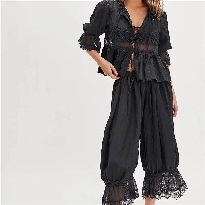 Sage Lace Ruffle Two-Piece Set for Women - Elegant Summer Outfit