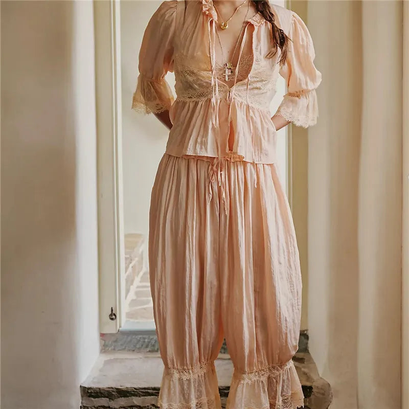Sage Lace Ruffle Two-Piece Set for Women - Elegant Summer Outfit