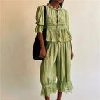 Sage Lace Ruffle Two-Piece Set for Women - Elegant Summer Outfit