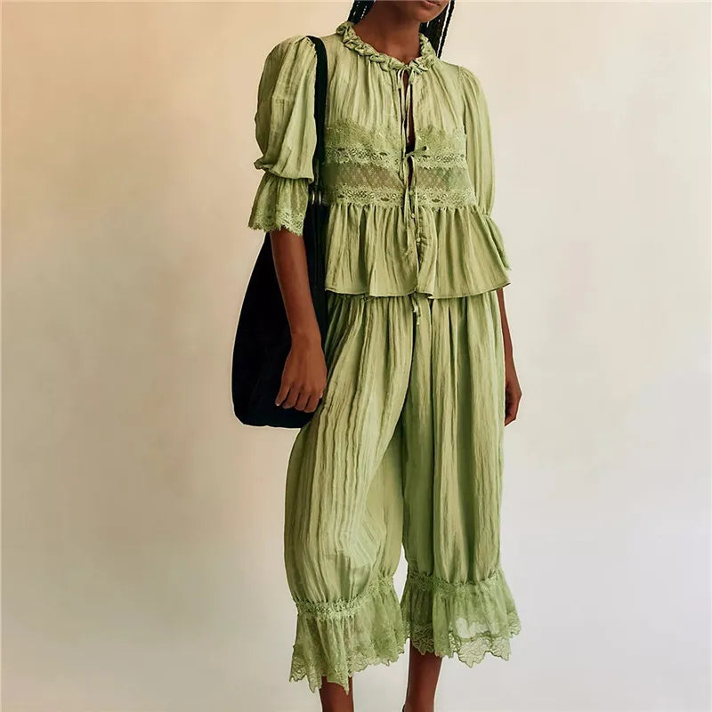 Sage Lace Ruffle Two-Piece Set for Women - Elegant Summer Outfit